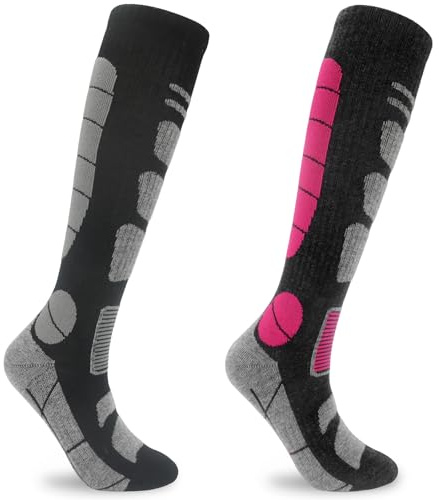 Smlper 2 Pairs Thermal Ski Socks in Merino Wool,Knee High Long Hose Walking Hiking Socks for Women Thick Terry Cushion Outdoor Athletic Socks Wicking Warm Winter Socks Size 4-7