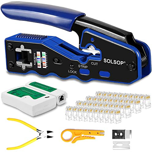 Solsop RJ45 Crimp Tool Pass Through - Cat5e Cat5 Cat6 RJ45 Crimping Tool Kit with 50PCS CAT5e CAT6 Pass Through Connectors, Mini Wire Stripper, Wire Cutter Plier, Network Cable Tester