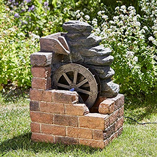 Garden Mile® Fuente de agua de estilo vintage – Molino de madera de Heywood de resina alimentada por energía solar, reciclaje de color, centro de mesa de jardín, adorno decorativo al aire libre para