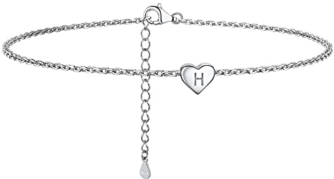 PROSILVER Damen Buchstaben Fußkettchen 925 Sterling Silber Rolokette Fußarmband mit Herz Charms Minimalist Mädchen Fußkettchen 22+5cm verstellbar Knöchel Armband Sommer Schmuck Accessoire