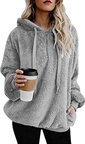 Hormtaer Hoodie Damen Oversize Teddy Pullover Teddyjacke Pulli Teddy Fleece Sweatshirt Kapuzenpullover Fleecejacke Kapuzenpulli Warm Langarm Lose Winter Tops Oberteile Casual mit Tasche