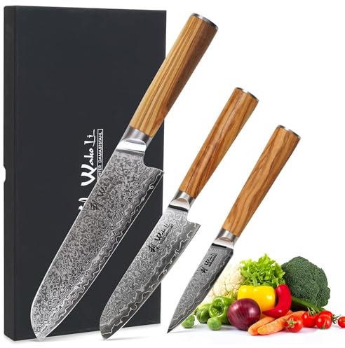 Wakoli Oribu 3er Damastmesser-Set – 9, 12, 18 cm Klingen aus 67 Lagen Damaststahl mit AUS-10 Kern, Olivenholzgriffe, Geschenkbox –Scharfes Küchenmesser Set für Fleisch, Fisch, Gemüse