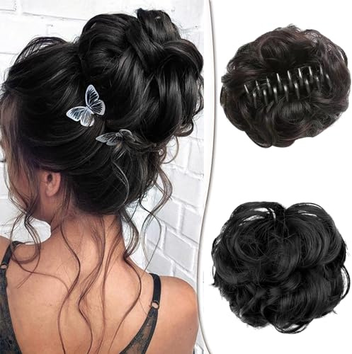 Klauenclip, unordentliches Brötchen Haarteil - Synthetischer Pferdeschwanz Lockige gewellte Haarverlängerungen mit Stretch-Kämmen für Frauen, Hochsteckdonut Chignon (Schwarz)