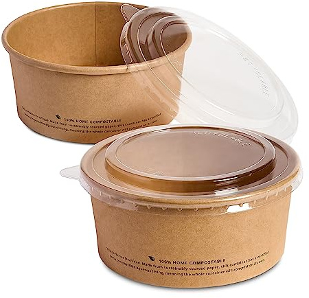 DISPOSABLE GREEN - NEXTGEN Kraft Paper Bowls, Food/Salad Bowl with RPET Clear Lid, Leakproof-&-Oil-Proof Soup Containers, Ice Cream Tubs, Repulpable & Disposable Bowls, 26oz/750ml, 50 Pieces