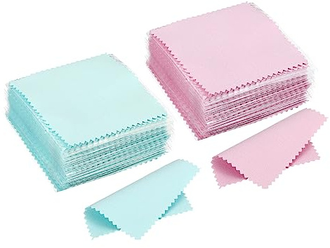 PATIKIL 3.15x3.15 Jewelry Cleaning Cloth, 100Pcs Individually Wrapped Double-Sided Microfiber Polishing Cloth for Silver Gold Brass Platinum Jewelry, Pink/Light Blue