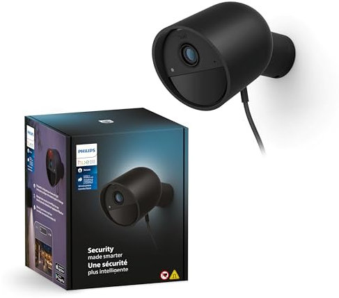 Philips Hue Secure Cámara de Video Vigilancia Inteligente para Exteriores o Interiores, Versión con Cable, Full HD Video, Control de Vigilancia y Luz Inteligente con Solo una App, Negro
