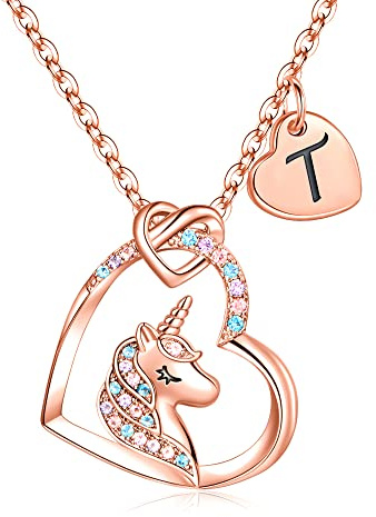 TINGN Einhorn Geschenke für Mädchen, Kette Kinder 14K Roségold Vergoldet CZ Herz Anhänger Buchstaben Halskette Mädchen 5 6 7 8 9 Jahre Einhorn Geburtstagsgeschenk für Tochter Nichte Schmuck Kinder
