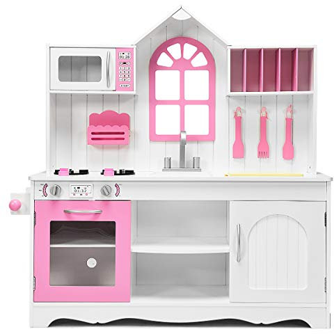 DREAMADE Kinderküche Holz mit Zubehör, Kinderspielküche Holzküche mit Spüle Herd Backofen Mikrowelle, Spielküche für Jungen und Mädchen ab 3 Jahren Weiß + Rosa