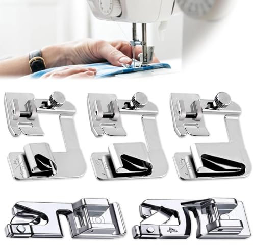 5 Stücke Nähfuß Nähmaschine, Saumfuss Presser, Multifunktions Nähfuß, Silber Nähfuß 5 Größen Saum Nähfuß Set Presserfoot, Nähmaschinenfüße Kompatibel mit Brother Singer, W6, Elina, Janome