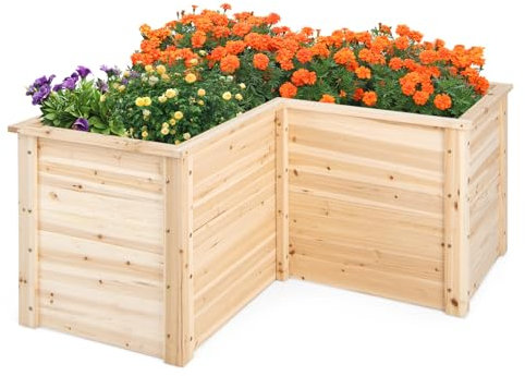 HOMASIS Orto Rialzato da Esterno per Giardino in Legno a Forma di L, Fioriera Rialzata con Fondo Aperto, Vaso per Piante da Giardino, Balcone o Terrazza, Letto per Fiori, Verdure, Erbe (Naturale)