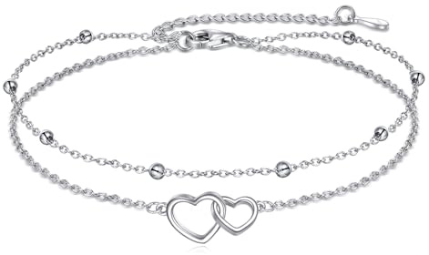 VONALA Herz Fußkettchen 925 Sterling Silber Herz Schmuck für Damen Mädchen (Double Heart)