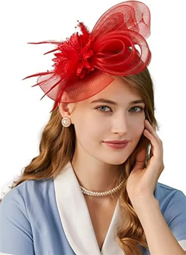 Fascinator-Hut für Damen, Blumen-Netzbänder, Fedora-Hut, Federn, Stirnband, Teeparty, Clip-Stirnband, rot, Einheitsgröße