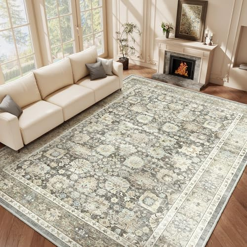 HOMFINE Teppich Wohnzimmer 240x340cm Vintage Waschbar Grau | Großer Waschbarer Kurzflor Teppich mit Blumenmuster, Rutschfest, Weich und ideal für Wohnzimmer, Schlafzimmer und Esszimmer