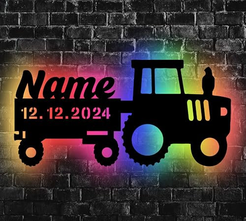 WALUNA® Traktor LED Lampe personalisiert mit Namen und Datum Kinder Nachtlicht für Mädchen & Jungen in 12 Holzarben Abendlicht Kinderzimmer Schlummerlicht Geschenk zur Rente