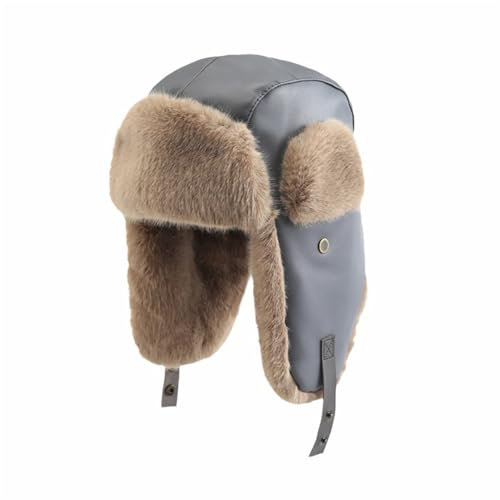 GIBZ Trappermützen aus PU-Leder mit Ohrenklappen Warme Russische Winter Mütze Winddichte Wintermütze Herren Damen Fliegermütze Grau (55-58cm)