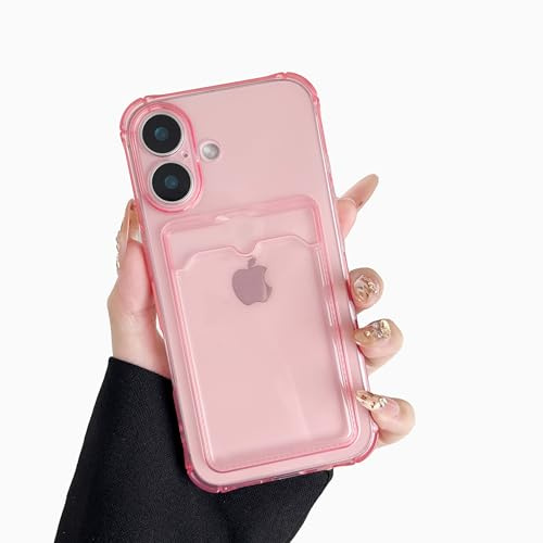 DEFBSC Kompatibel med iPhone 16, transparent baksida korthållare telefonfodral, ultratunt mjukt TPU stöttåligt klart fodral med kortplats för telefonens baksida, rosa