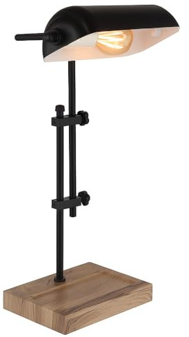 LED Tischlampe Nachttischleuchte Wohnzimmerlampe Beistelllampe Bankerlampe Schreibtischleuchte, Metall MDF schwarz holzoptik, Höhenverstellbar, H 50 cm