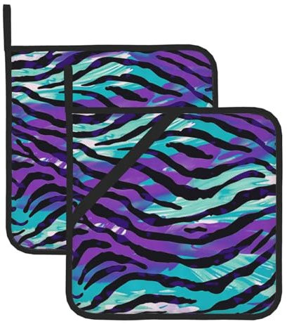 Purple Blue Green Camouflage Zebra Stripe Printed Pot Holders 1 Pair, Non-slip Heat Resistant Potholders for Kitchen Cooking Baking Grilling