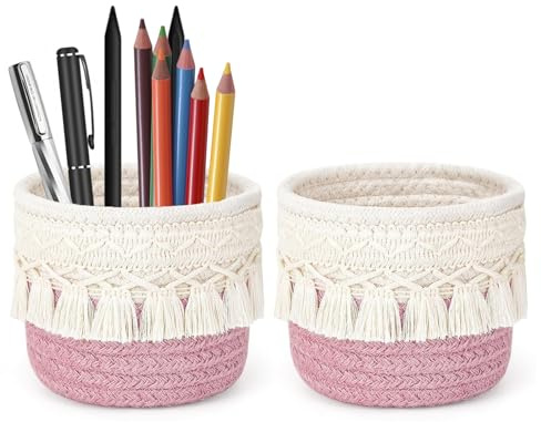 MeYuxg 2 Stück Pinselhalter, Korb Geflochten, Körbe Aufbewahrung, Kosmetikpinsel Behälter, Pinselhalter Kosmetik, Boho Korb, Mini Make Up Behälter zur Aufbewahrung von Schminkpinseln, Eyeliners(Rosa)