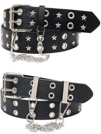 YOGEYOGE Nietengürtel, Y2K-Gürtel mit Kette, Sternengürtel, schwarzer Gürtel, für Damen, Gothic, Punk, doppelte Ösen, Gürtel für Damen und Herren, Schwarz, for 31 inch -38 inch