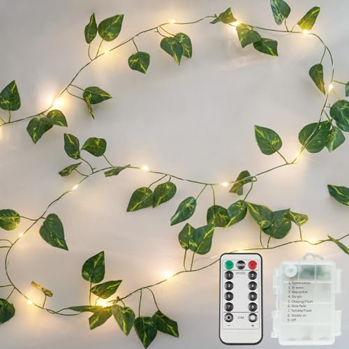 suddus Vine with Fairy Lights Battery Operated, 13.1ft 40 LED Pothos String Lights with Remote, Leaf Lights for Bedroom, Room, Wall, Garden, Party, Wedding Dorm Decor(Warm White)