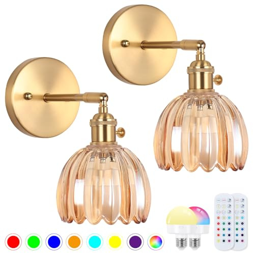 EIDEARAY Battery Operated Wall Sconce Set of 2,Vintage Wall Sconce with Amber Tulip Glass Lampshade Rechargeable Wall Light with Remote Control for Bedroom,Living Room, Hallway, Aisle