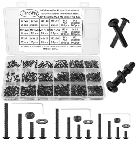 FandWay Set di 900 bulloni e dadi, viti a testa cilindrica M2 M2.5 M3, viti a brugola ISO 7380, bulloni esagonali neri in lega di acciaio di grado 10.9 e rondelle completamente filettate con 3 chiavi