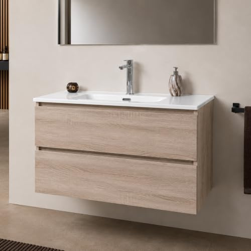Yellowshop | Mobile Bagno Sospeso CLOE - Composizione Completa con Lavabo Ceramica, Chiusura Soft Close, Finitura Rovere (70 cm, Mobile con Lavabo)