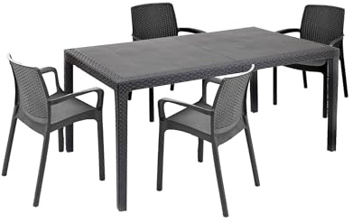 Dmora - Set Salotto da Esterno Tarquinia, Salottino Outdoor e Indoor, Tavolo Rettangolare Fisso con 4 sedie impilabili, Made in Italy, Antracite