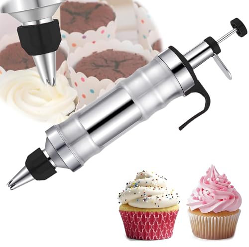 Dessert Decorating Syringe Set Stainless Steel Durable Icing Piping Syringe Kit Professional Piping Icing Syringes 9Pcs Set Stainless Steel Frosting Baking Tool Accessory for DIY Baking Cake Cookie