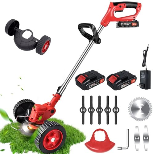 OZPPM Decespugliatore a batteria, telescopico e leggero, con 8 lame in metallo e 2 batterie da 2000 mAh, caricatore rapido, tagliaerba elettrico da giardino, tagliaerba per potatura, erbacce, colore