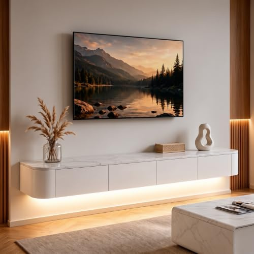 Mueble TV Suspendido Moderna con luz LED |Consola de Medios de Entretenimiento Montada en la Pared | Banco de TV con Gran Capacidad de Almacenamiento para Sala de Estar y Oficina(Textura Blanco 120cm)