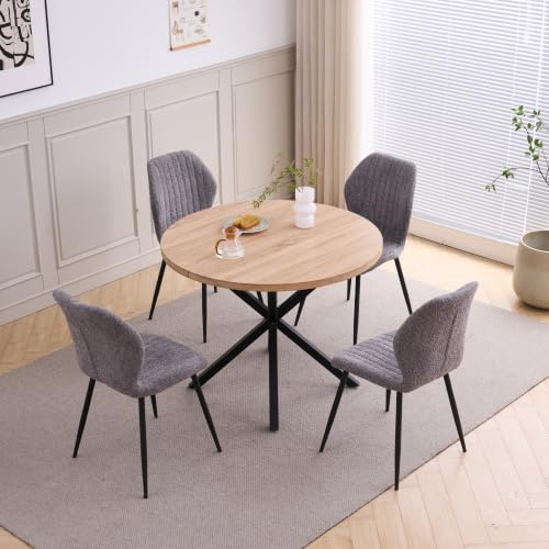 GrandCA HOME Esstisch und Stuhlset, 100 cm Runder Esstisch und 4 Moderne Leinenstühle, für Esszimmer, Küche, Wohnzimmer, Helle + Grau