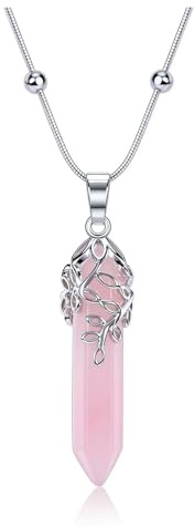 CrystalTears Rose Quartz Crystal Necklace for Women, Womens Healing Crystals Point Pendant Necklace with Beaded Snake Chain, Trendy Crystal Necklaces Jewellery Gifts for Women Mum