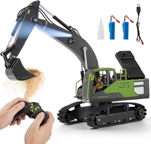 Haedswer Escavatore telecomandato per bambini, escavatore in metallo a 13 canali da 2,4 GHz con spruzzatore, luce, giocattolo da costruzione RC, rotazione di 680°, regalo per ragazzi