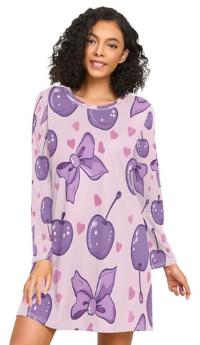 ISAOA Chemise de nuit à manches longues pour femme, cerises avec nœuds, couleurs lilas-rose, robe de nuit douce S-XXL, Cerises avec nœuds dans des couleurs lilas-rose, 3XL