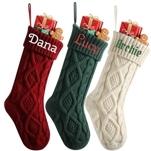 Große Weihnachtsstrümpfe mit bestickten Namen, gestrickt, bestickt, groß, gestrickt, Familien-Weihnachtsstrumpf für Weihnachten, Familienfeier, Kamin-Dekoration (5 Stück)