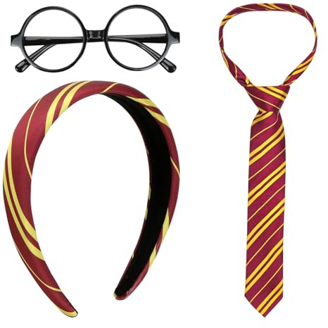 Capaneus Zauberer Kostüm Zubehör,Gryffindor Klassiker Krawatte,Runden Brille,Haarreif,Kostüme Accessoires Set für Cosplay Karneval Verkleidung Geburtstag Party