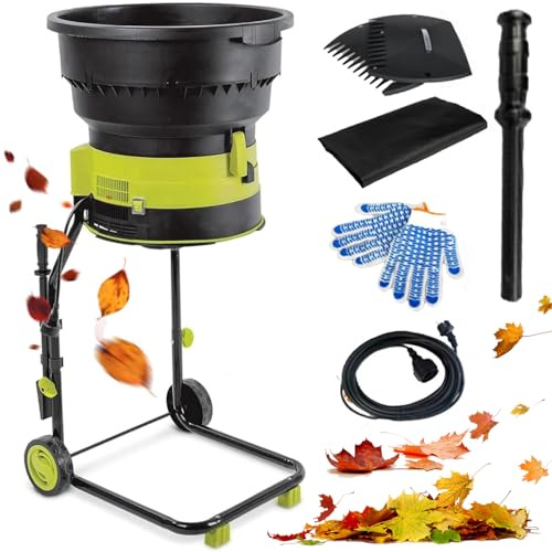 Trituradora y trituradora eléctrica de hojas, resistente, 2500 W, 8000 RPM, diámetro de embudo de 54 cm, incluye ruedas, rastrillo de hojas y bolsa de almacenamiento para limpieza de patio y