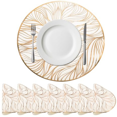 QUARKZMAN Set Di 8 Sottopiatti Rotondi A Forma Di Alga In Bianco E Oro Per Tavoli Da Pranzo, Sottopiatti In Polivinile Metallizzato Lavabili Per Decorazione Tavola (15 x 15/38 x 38cm)