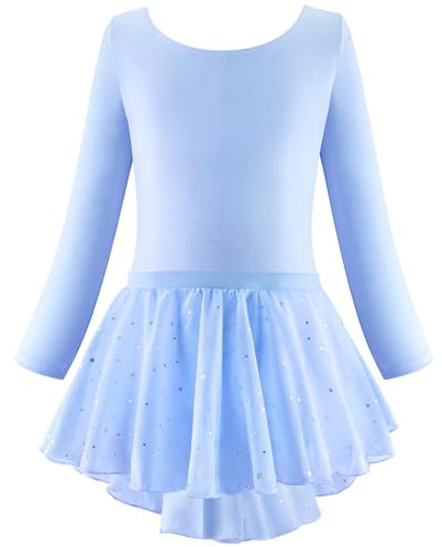 Langarm Ballettkleid mit Tutu Rock für kleine Ballerinas Elegantes Tanzkostüm Mädchen Ballettanzug (Blue, 10-12 Years)