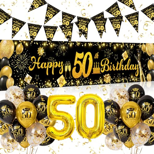 Palloncini 50 Anni Compleanno, 50 Anni Decorazioni Oro Nero, Festone Buon Compleanno, Feste di Compleanno Sfondo Fotografico Tessuto, Compleanno 50 Anni per Donna Uomo