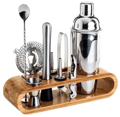 Juego De Coctelera 10 Piezas Acero Inoxidable 750ml Kit Barman Profesional con Soporte Madera Accesorios Bar Completo Set para Casa Bar Coctelería