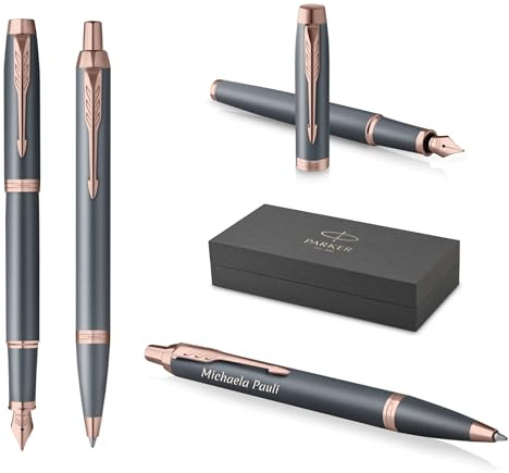 Parker I skrivset, kulspetspenna + reservoarpenna med individuell gravyr – personlig lyxpenna – The Finishing Touch Collection, present för bröllop, födelsedag, kontor (slate)