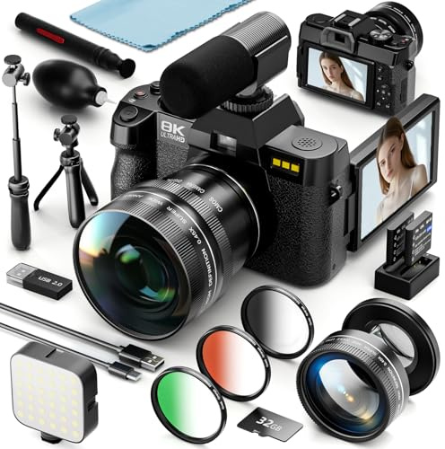 8K Digital Cameras for Photography, 64MP Vlogging Camera with 180°Flip Screen，2 Batteries, 32GB TF Card，16X Zoom, WiFi, 3 Color Filters,Microphone, Tripod, Wide & Macro Lens Kit (Black)