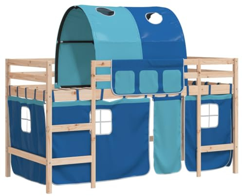 Foknhdi Kinderhochbett mit Tunnel 80x200 cm Massivholz Kiefer Spielbett mit Vorhängen Rausfallschutz Leiter platzsparend für Kinderzimmer Jugendzimmer