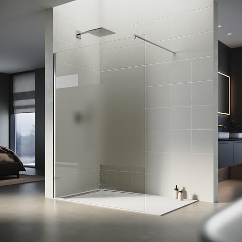 SONNI Walk-In Duschwand 90x200 cm, teilsatiniert mit Stabilisator, Silber | 8 mm ESG mit teilsatiniertem Design und NANO-Beschichtung für mehr Privatsphäre, einfache Reinigung und flexible Montage.