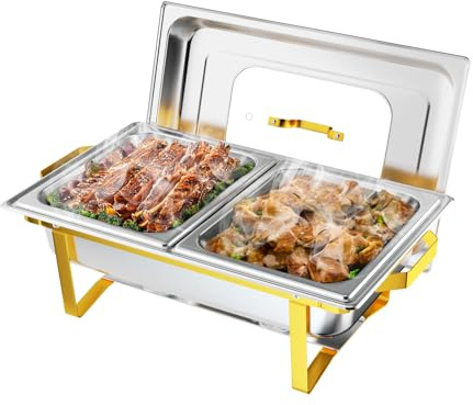 ROVSUN Chafing Dishes for Buffet, 9QT Chafing Dish Buffet Set with Glass Lid,Stainless Steel Buffet Servers and Warmers with 2 Half Size Pan,Stackable Design for Party Wedding, Gold & Silver