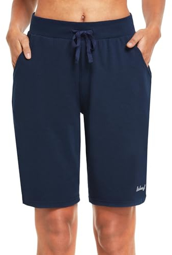 BALEAF Women's 10 Long Shorts Cotton Lounge Gym Workout Yoga Sweat Bermuda Knit Jersey Shorts Pockets Navy XL