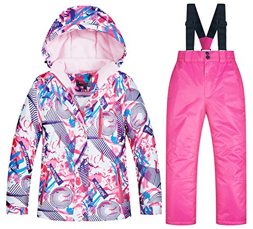 YFPICO Giacca da sci per bambini e pantaloni, tuta da sci per bambini, con ghetta antineve, foderata in pile, per snowboard in inverno, 5+rosa, 122 cm-128 cm